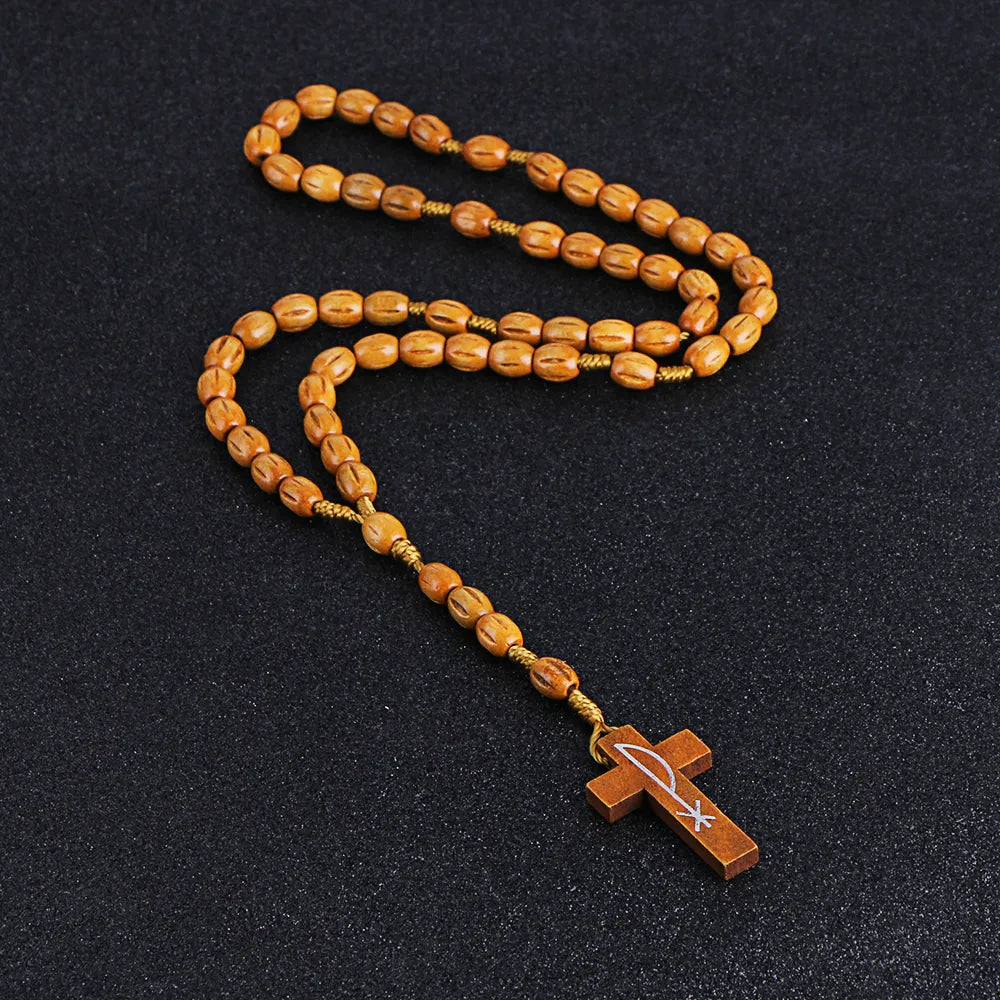 KOMi Catholic Christian Religion Jesus Wooden Rosary Cross Pendant Long Chain Necklace Female Male Jewelry Gift