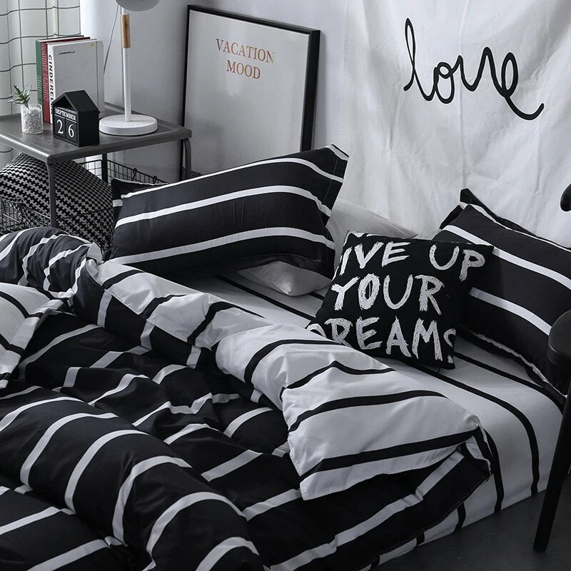 Bonenjoy Black and White Colo Striped Bed Cover Sets Single/Twin/Double/Queen/King Quilt Cover Bed Sheet Pillowcase Bedding Kit