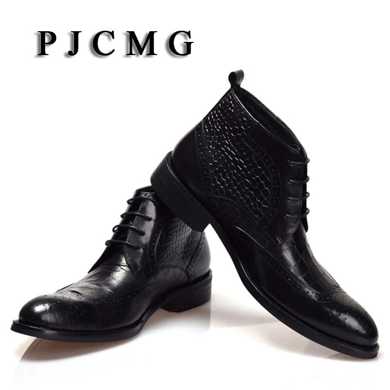 High Quality Men Boots PJCMG Winter Ankle Waterproof Rubber Crocodile Pattern Casual Leather Plush Hiking High Motorcycle Boots