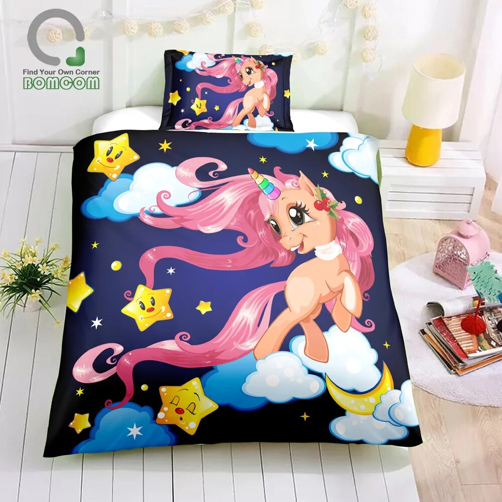 BOMCOM 3D Digital Printing Pink Unicorn Fairytale Flying Unicorn in Night Sky Christmas Style Bedding Sets 100% Microfiber Dark