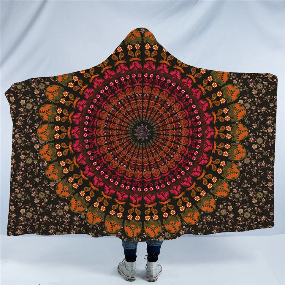 BeddingOutlet Floral Mandala Hooded Blanket Blue Orange Purple Sherpa Fleece Wearable Throw Blanket Adults Kids Bedding Bohemia