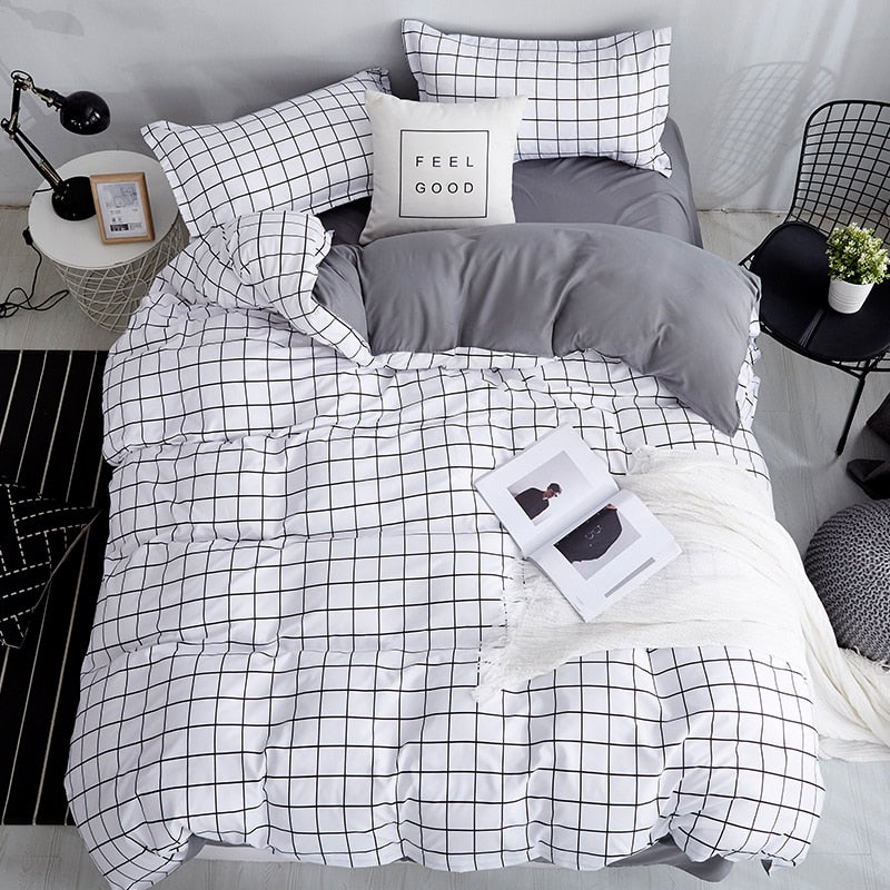 Bonenjoy Queen Size Bedding Set White Color Black Plaid Microfiber Reactive Printed King Size Bed Linen Sets For Bedroom Kit