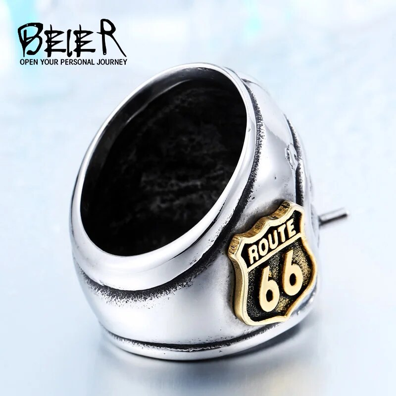 Beier Motorcycle Man With Plated-Gold color Stainless Steel Unique Route 66 MC Club Biker Ring drop shipping BR8-378