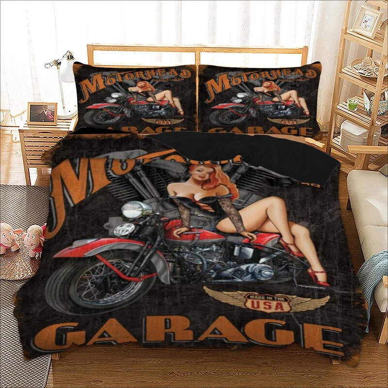 3D Motorcycle Bedding Set Twin Full Queen King Size Black Duvet Cover Set Sexy Girl Double Single Bedclothes For Adult Teen Home