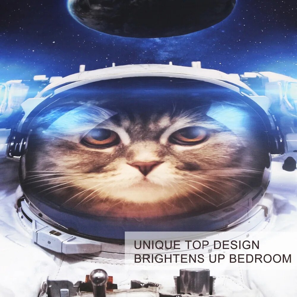 BlessLiving Funny Space Cat Bed Set 3 Piece Astronaut Pet Bedspread Teens Kids Blue Galaxy Bedding Star Universe Duvet Cover Set