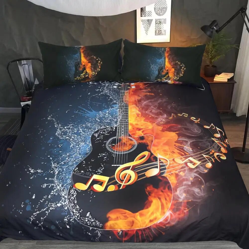 BeddingOutlet Fire And Water Guitar Bedding Set 3D Printed Duvet Cover Set Music Youth Bedclothes 3-Piece Vivid Bed Cover Queen