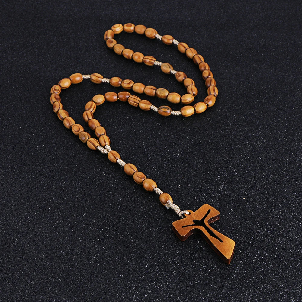 KOMi Catholic Christian Religion Jesus Wooden Rosary Cross Pendant Long Chain Necklace Female Male Jewelry Gift