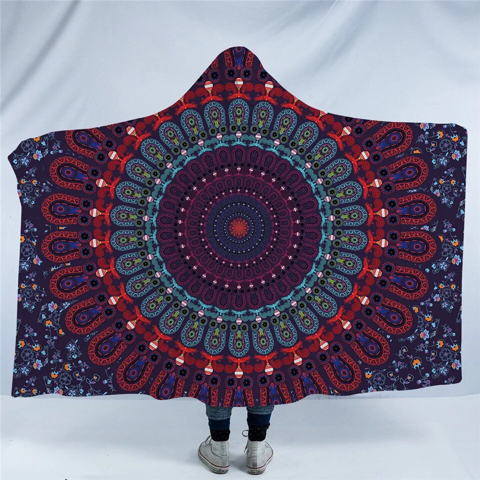 BeddingOutlet Floral Mandala Hooded Blanket Blue Orange Purple Sherpa Fleece Wearable Throw Blanket Adults Kids Bedding Bohemia