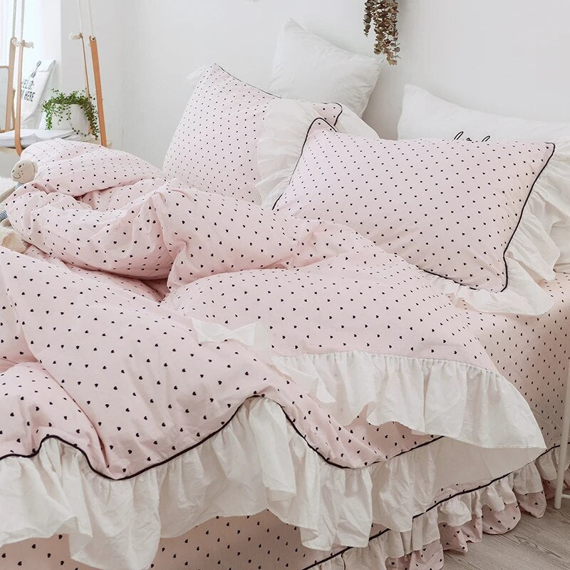 Luxury Princess Style 100% Cotton Bedding set Ruffles Duvet Cover Black Dot Flat Pillowcases 4pcs For Girls Bed Set