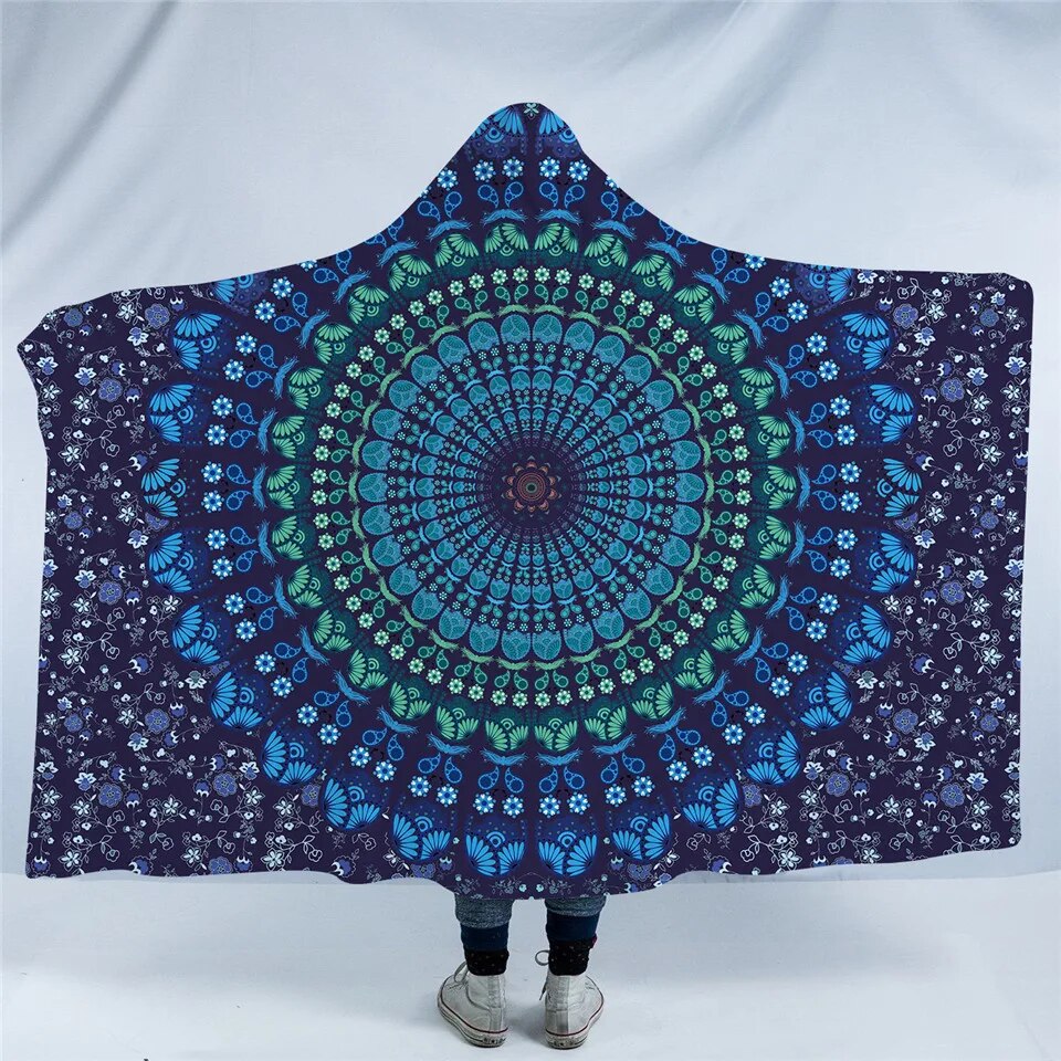 BeddingOutlet Floral Mandala Hooded Blanket Blue Orange Purple Sherpa Fleece Wearable Throw Blanket Adults Kids Bedding Bohemia