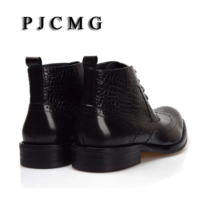 High Quality Men Boots PJCMG Winter Ankle Waterproof Rubber Crocodile Pattern Casual Leather Plush Hiking High Motorcycle Boots