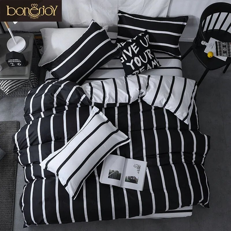 Bonenjoy Black and White Colo Striped Bed Cover Sets Single/Twin/Double/Queen/King Quilt Cover Bed Sheet Pillowcase Bedding Kit