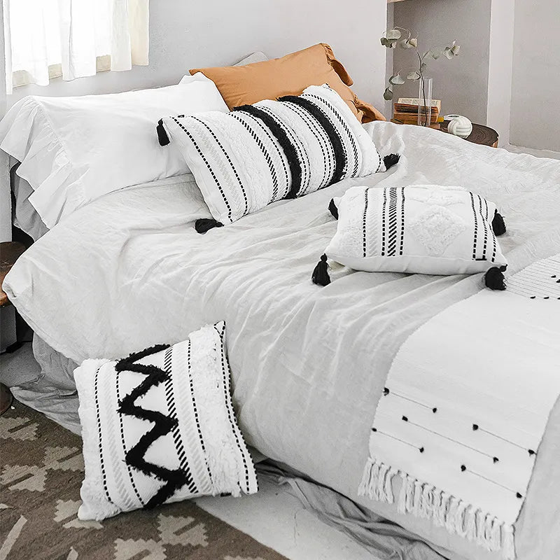 DUNXDECO Cushion Cover Decorative Tufting Pillow Case Modern Simple Morocco White Black Geometric Tassels Sofa Bedding Coussin