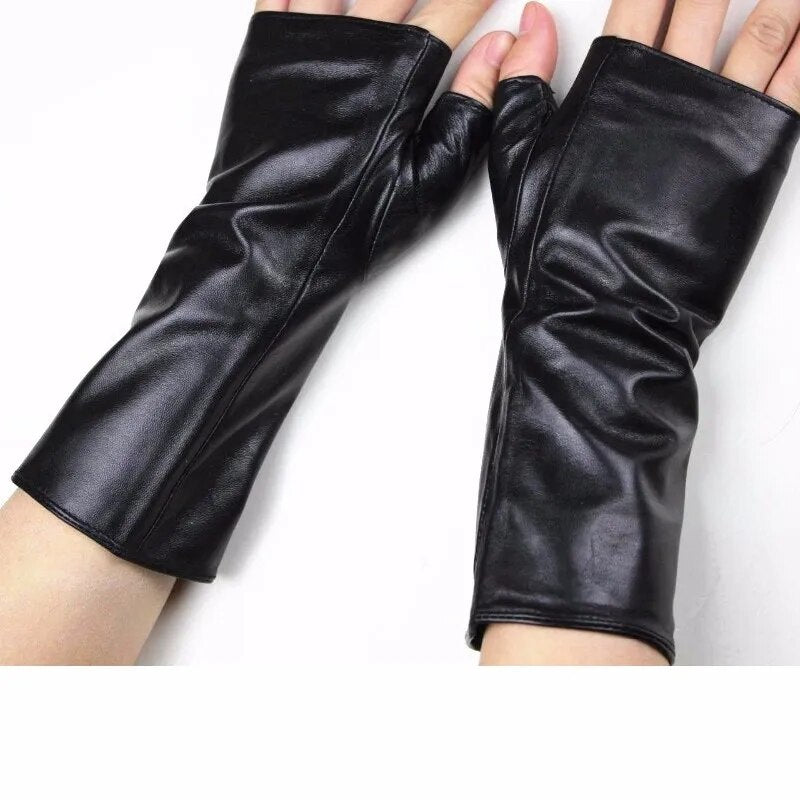 Long Sheepskin Half Finger Gloves Women's Leather Car Driving Men's Outdoor Motorcycle Riding Fingerless Sun Protection