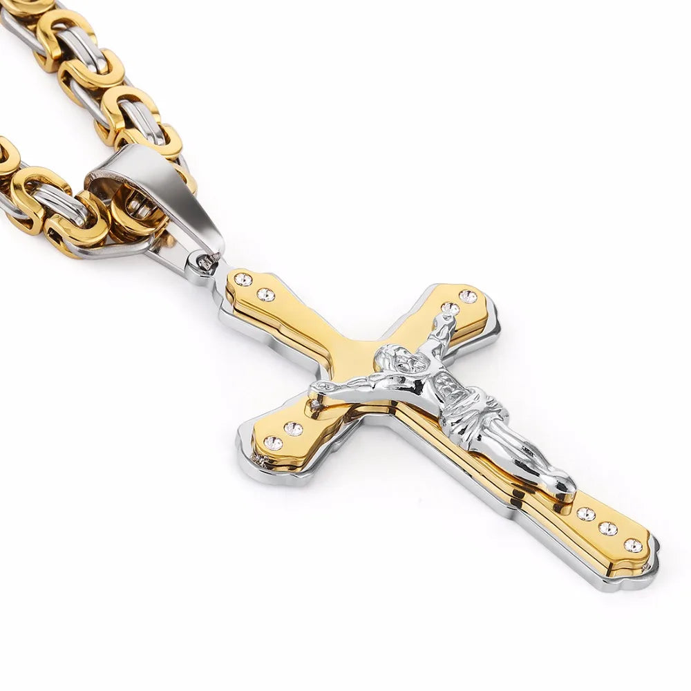 Christian Jesus Cross Crystal Pendant Necklaces Thick Link Byzantine Chain Stainless Steel Men Jewelry Colar Gift 21.65"  MN79