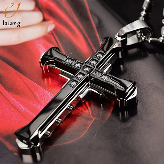 Men's Chain With Cross Necklace Men Black Necklace Long Men's Pendant Necklace Christian Bible Prayer Women Men Necklace