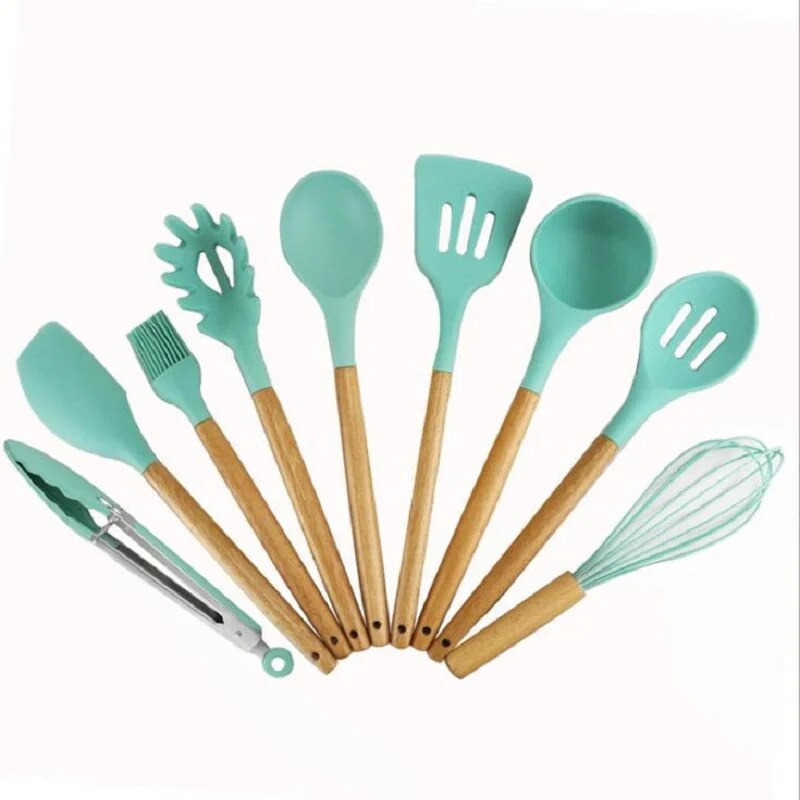 9pcs Cooking Tools Set Premium Silicone Fresh Green Kitchen Cooking Utensils Set Turner Tongs Spatula Spoon Turner Cookware Set