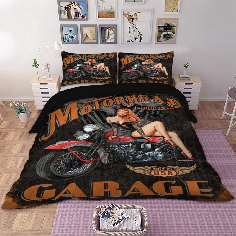 3D Motorcycle Bedding Set Twin Full Queen King Size Black Duvet Cover Set Sexy Girl Double Single Bedclothes For Adult Teen Home