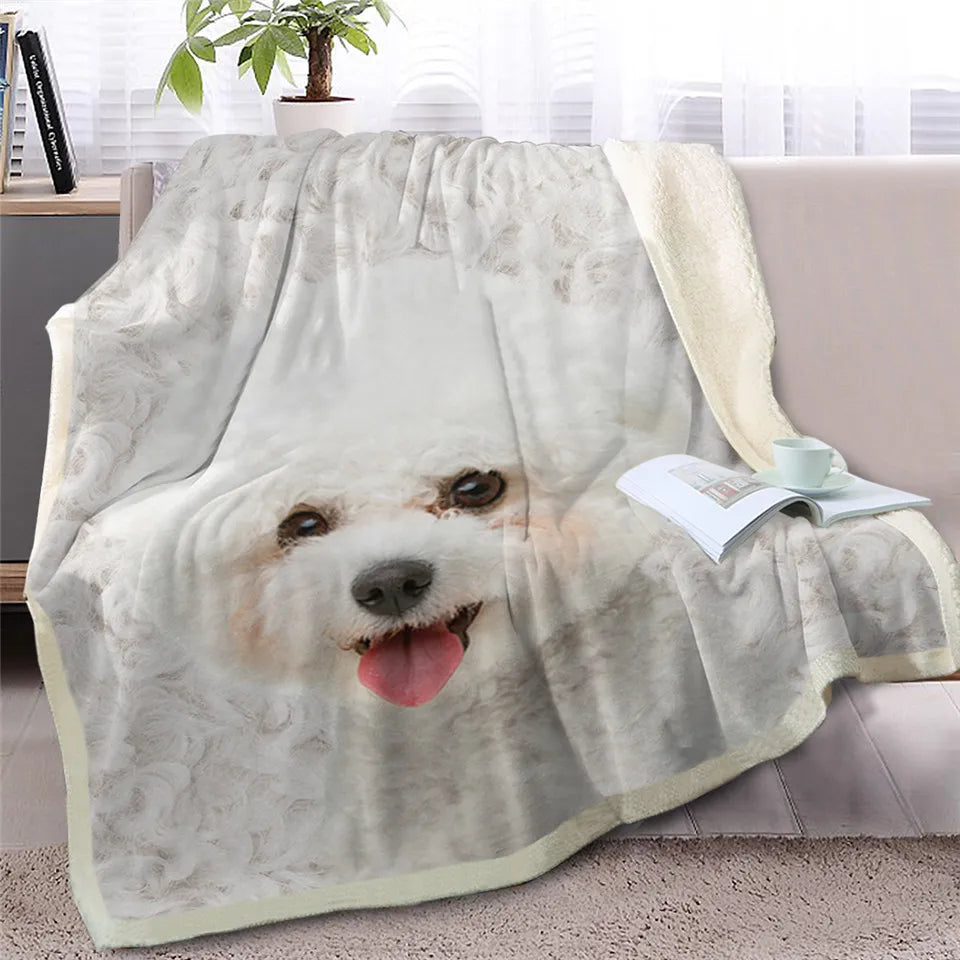 BlessLiving Shih Tzu Throw Blanket for Bed White Dog Fur Print Sherpa Fleece Blanket 3D Animal Bedding Puppy Plush Thin Quilt