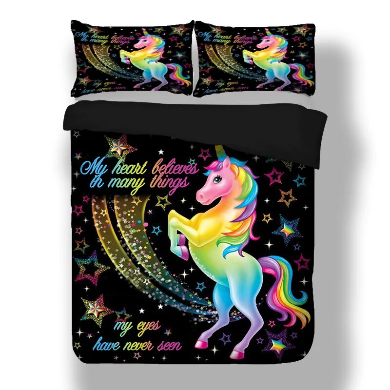 Duvet Cover Rainbow Unicorn Fairytale with Sparkling Stars 3D Digital Printing Bedding Sets Black Background Dropshipping