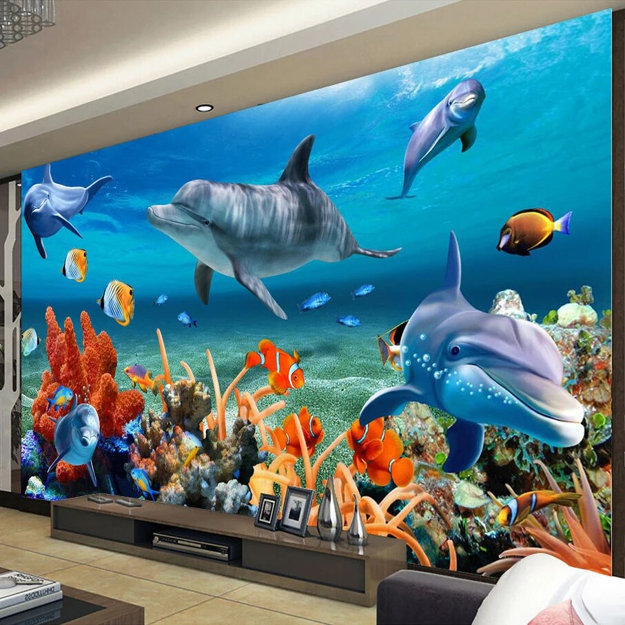 Custom 3D Mural Wallpaper For Kids Underwater Dolphin Fish Wall Paper Aquarium Wall Background Room Decor Kids' Bedding Room