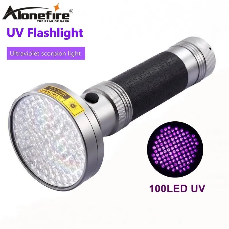 AloneFire 18W 100Led High power UV Flashlight torch 395nm ultraviolet scorpions pet urine Leakage Detection led light AA Battery