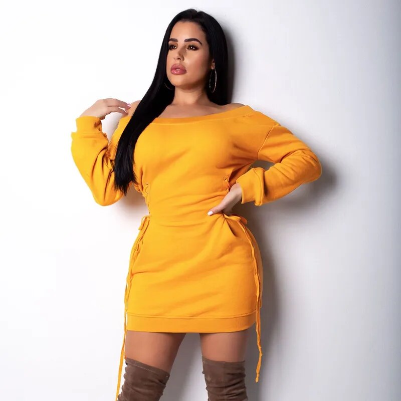 BOOFEENAA Women Hoodie Sweatshirt Dress Sexy Casual Side Lace Up Loose Off Shoulder Long Sleeve Mini Dresses Streetwear C35-AF57