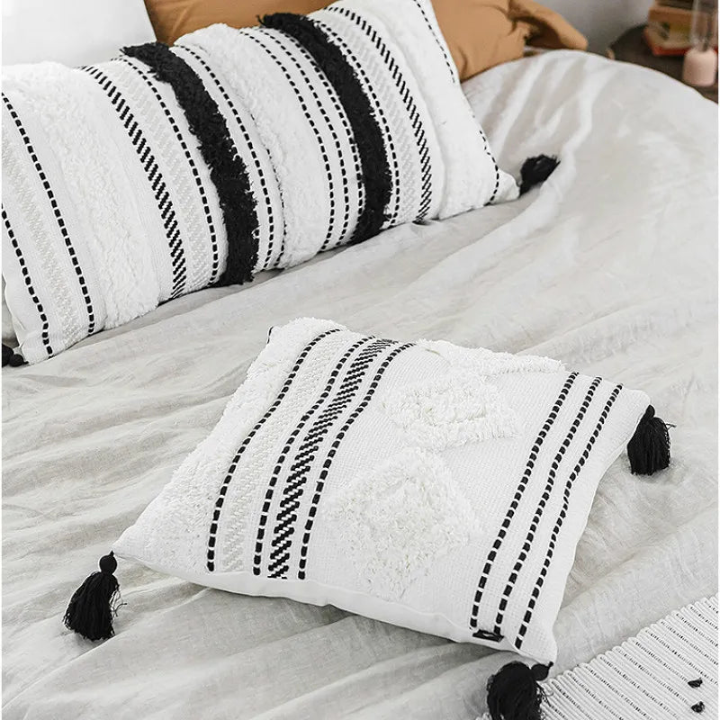 DUNXDECO Cushion Cover Decorative Tufting Pillow Case Modern Simple Morocco White Black Geometric Tassels Sofa Bedding Coussin