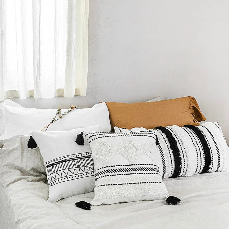 DUNXDECO Cushion Cover Decorative Tufting Pillow Case Modern Simple Morocco White Black Geometric Tassels Sofa Bedding Coussin