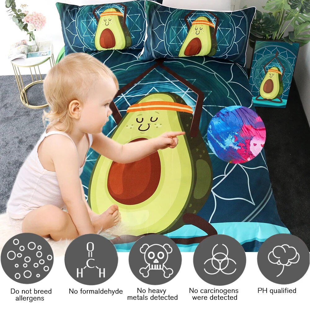 BeddingOutlet Cartoon Bedding Set for Kids Avocado Duvet Cover Queen Yoga Printing Bed Set Mandala Green Home Textiles 3pcs