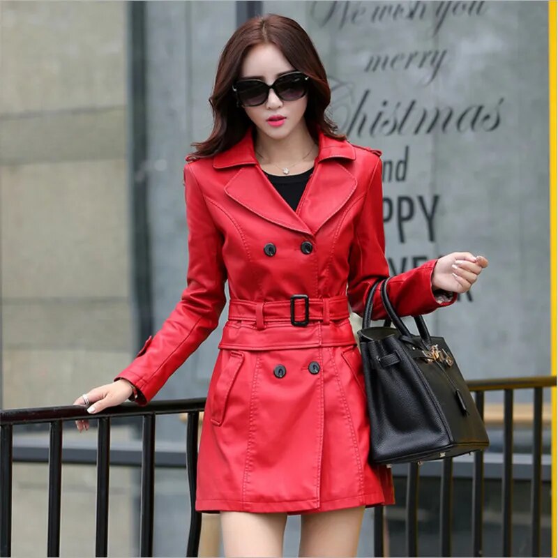 Hot 2022 Spring Autumn New Women Long Leather Jacket Slim Oversize Bow Belt Motorcycle PU Coat Female Trench