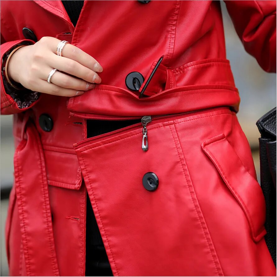 Hot 2022 Spring Autumn New Women Long Leather Jacket Slim Oversize Bow Belt Motorcycle PU Coat Female Trench