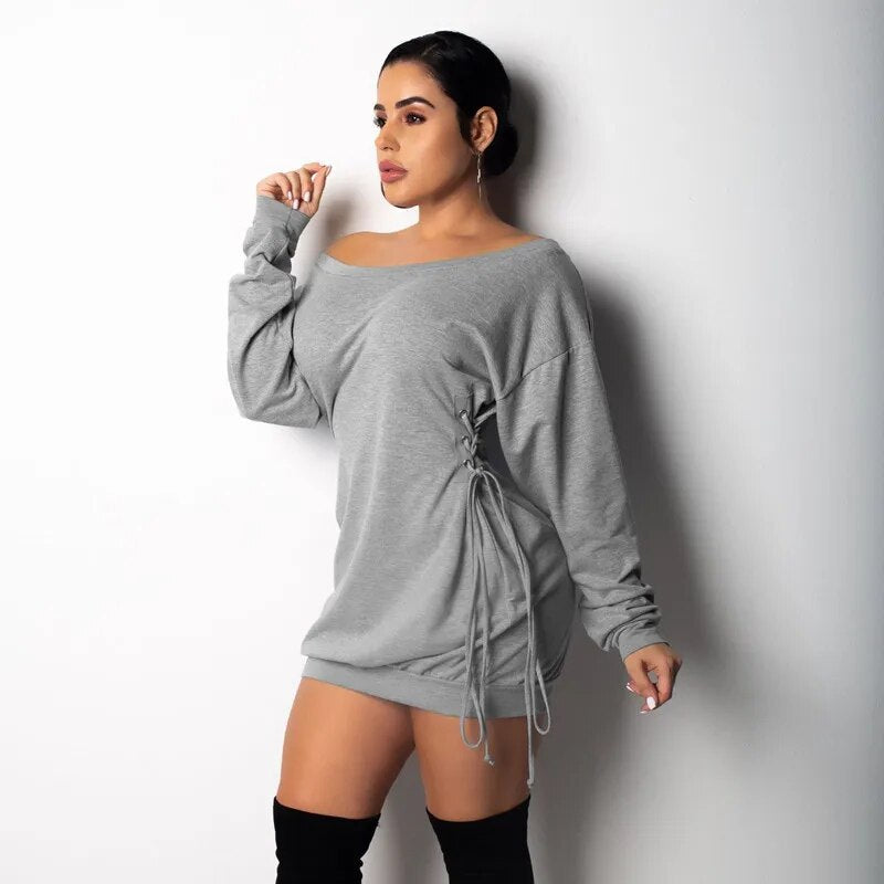 BOOFEENAA Women Hoodie Sweatshirt Dress Sexy Casual Side Lace Up Loose Off Shoulder Long Sleeve Mini Dresses Streetwear C35-AF57