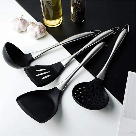 Black Silicone Shovel Spatula Noodle Soup Spoon Stainless Steel Handle Cooking Utensils Cookware Kitchen Cooking Tools 1PCS