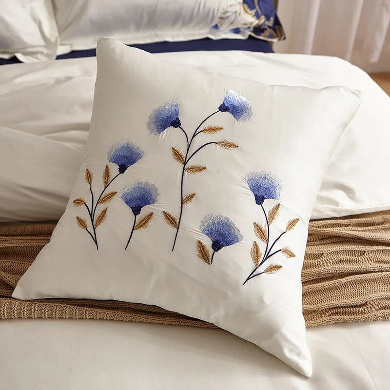 Luxury Chic Blue Embroidered Bedding set Egyptian Cotton Soft Bed set Duvet Cover Bed Sheet set 4/6Pcs US King Queen size