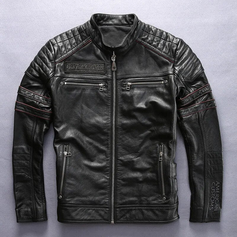 Factory 2019 Men Retro Vintage Leather Biker Jacket Embroidery Skull Pattern Black Slim Fit Men Winter Motorcycle Coat M-4XL