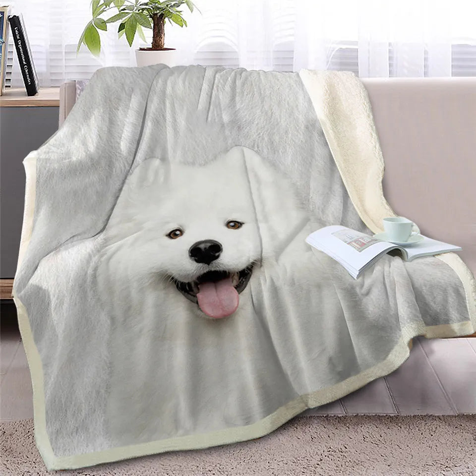 BlessLiving Shih Tzu Throw Blanket for Bed White Dog Fur Print Sherpa Fleece Blanket 3D Animal Bedding Puppy Plush Thin Quilt