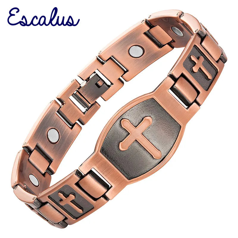 Escalus Cross Pattern Magnetic Bracelet For Men Christian Fashion Antique Copper Charm Jesus Christ Wristband