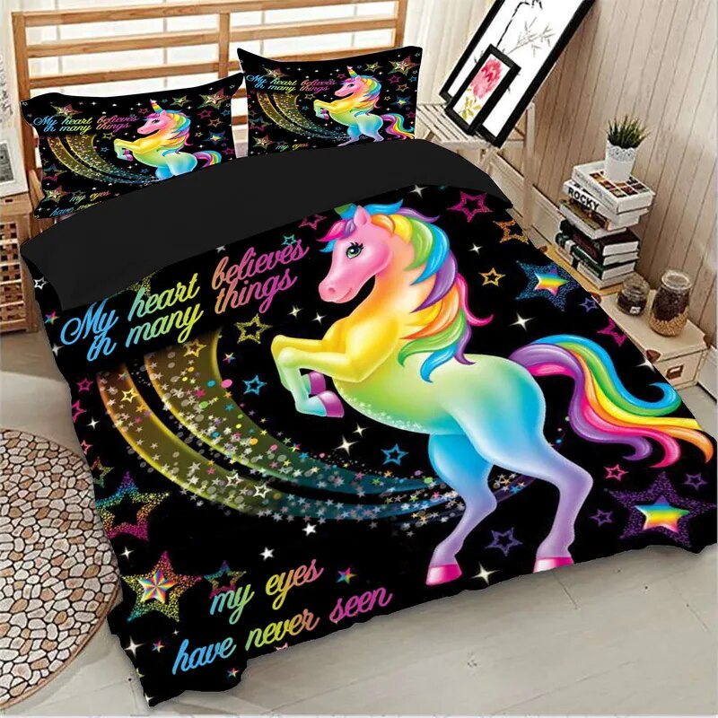 Duvet Cover Rainbow Unicorn Fairytale with Sparkling Stars 3D Digital Printing Bedding Sets Black Background Dropshipping