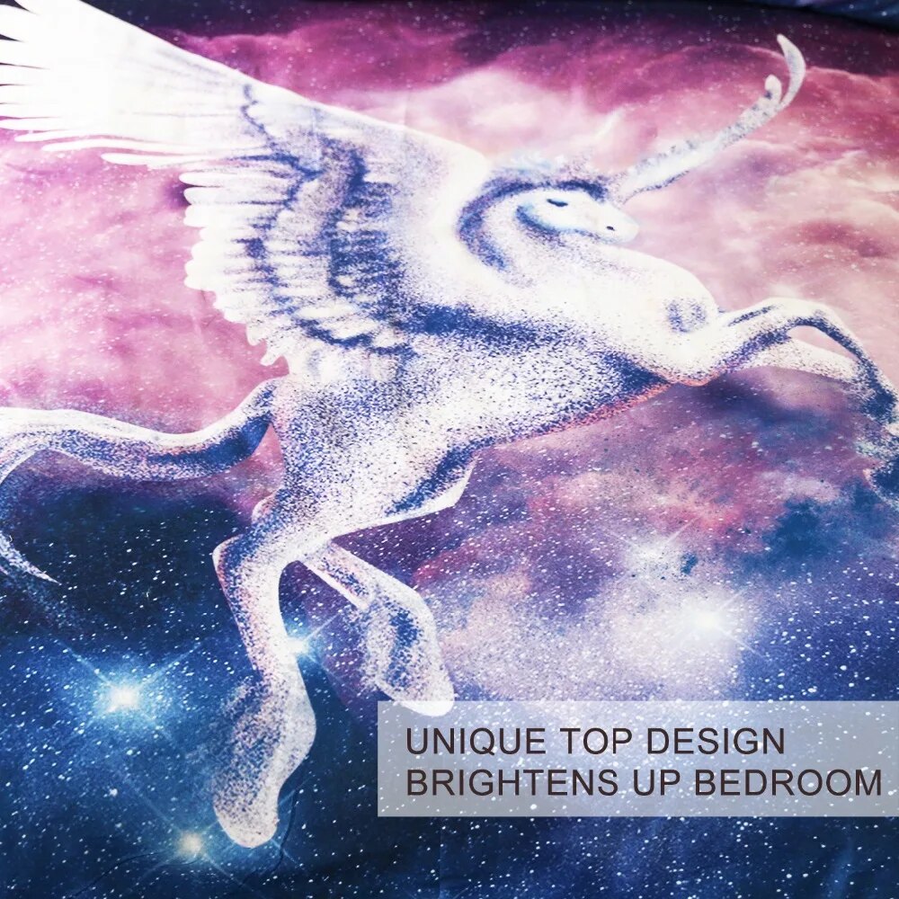 BlessLiving Unicorn Bedding Set Flying Horse with Wings Duvet Cover 3 Piece Psychedelic Space Bedspread Nebula Pink Bedclothes