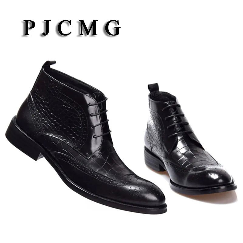 High Quality Men Boots PJCMG Winter Ankle Waterproof Rubber Crocodile Pattern Casual Leather Plush Hiking High Motorcycle Boots