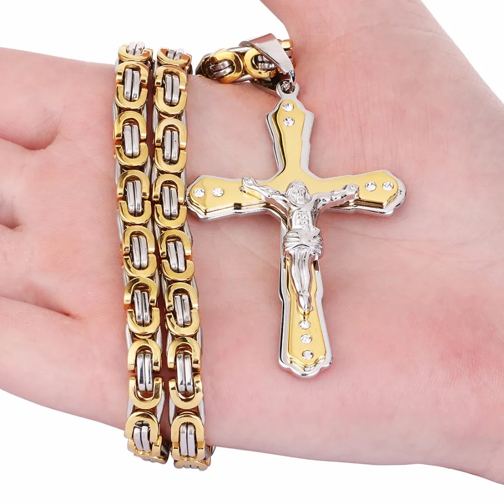 Christian Jesus Cross Crystal Pendant Necklaces Thick Link Byzantine Chain Stainless Steel Men Jewelry Colar Gift 21.65"  MN79