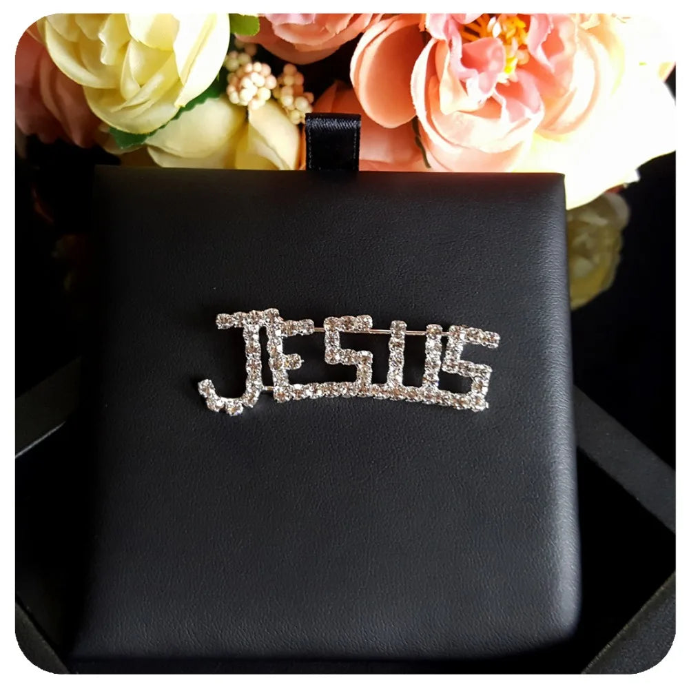 BlingBling Christian Gift Fancy Design of Hand-made Rhinestone JESUS  Word Brooch Pin