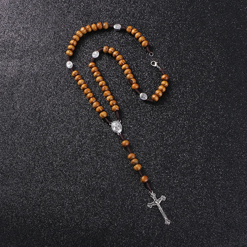 KOMi Catholic Christian Religion Jesus Wooden Rosary Cross Pendant Long Chain Necklace Female Male Jewelry Gift