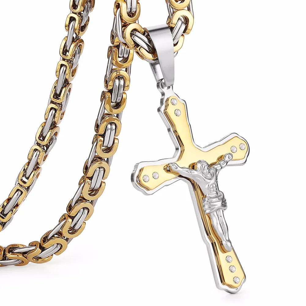 Christian Jesus Cross Crystal Pendant Necklaces Thick Link Byzantine Chain Stainless Steel Men Jewelry Colar Gift 21.65"  MN79