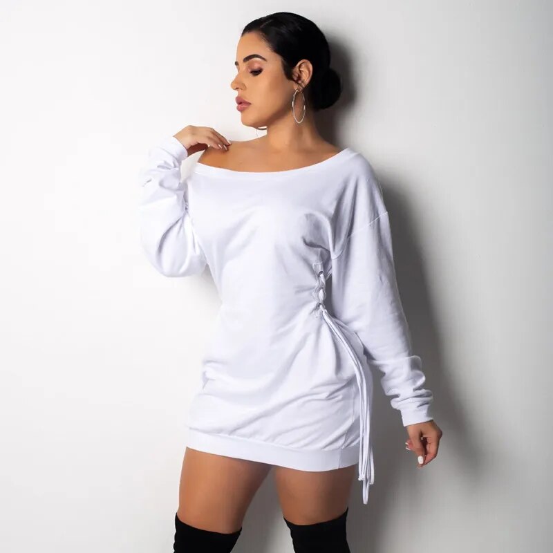 BOOFEENAA Women Hoodie Sweatshirt Dress Sexy Casual Side Lace Up Loose Off Shoulder Long Sleeve Mini Dresses Streetwear C35-AF57