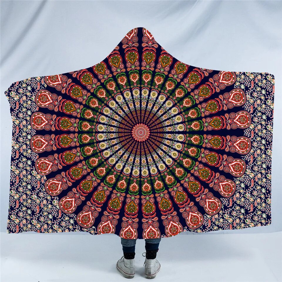 BeddingOutlet Floral Mandala Hooded Blanket Blue Orange Purple Sherpa Fleece Wearable Throw Blanket Adults Kids Bedding Bohemia