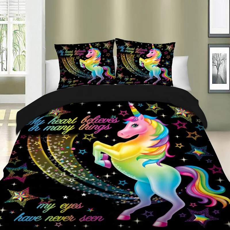 Duvet Cover Rainbow Unicorn Fairytale with Sparkling Stars 3D Digital Printing Bedding Sets Black Background Dropshipping