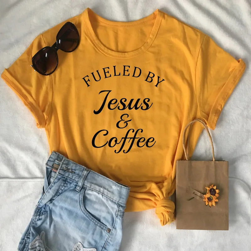 Fueled By Jesus & Coffee T-shirt Ladies Religious Christian Graphic Tee Top Fashion Women Motivational Bible Verse Church Tshirt