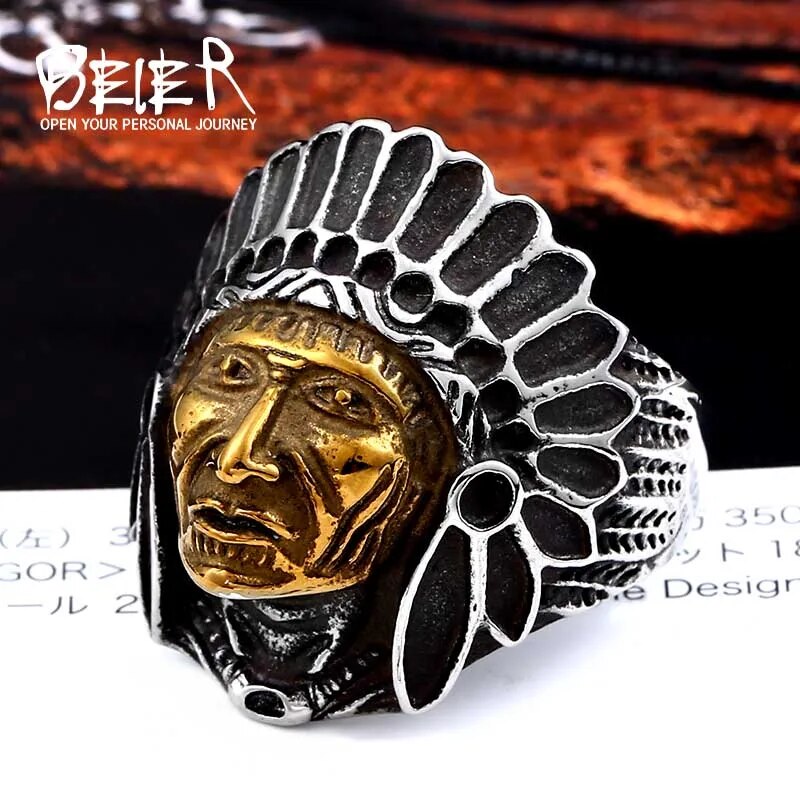 BEIER Chief Stainless Steel USA Indiana Motorcycle Rider Fashion Men's Skull Ring BR8-231 US Size 7-13